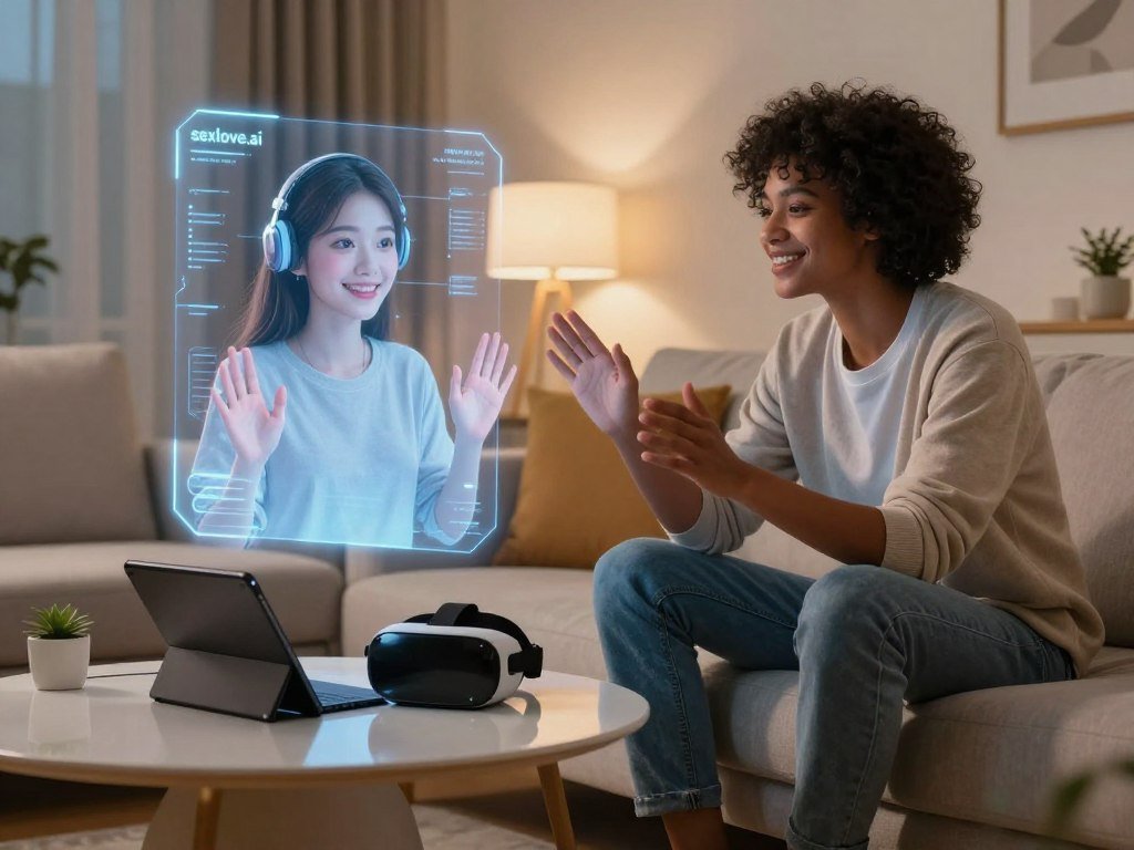 A futuristic living room setting where a person interacts with a holographic AI girlfriend, showcasing the key features of AI girlfriend video technology. In the foreground, a diverse individual in smart casual attire is sitting on a sleek couch, looking engaged and smiling. The AI girlfriend appears as a glowing hologram, with friendly facial expressions and lifelike features, presenting a warm and inviting demeanor. The middle ground features a modern coffee table with tech gadgets like a tablet and a VR headset, suggesting advanced interaction capabilities. The background includes a cozy, well-lit environment with soft ambient lighting that creates a comfortable atmosphere. Capture this scene with a slightly low angle to emphasize the futuristic elements while maintaining a warm, engaging mood. Include the brand name "sexlove.ai".