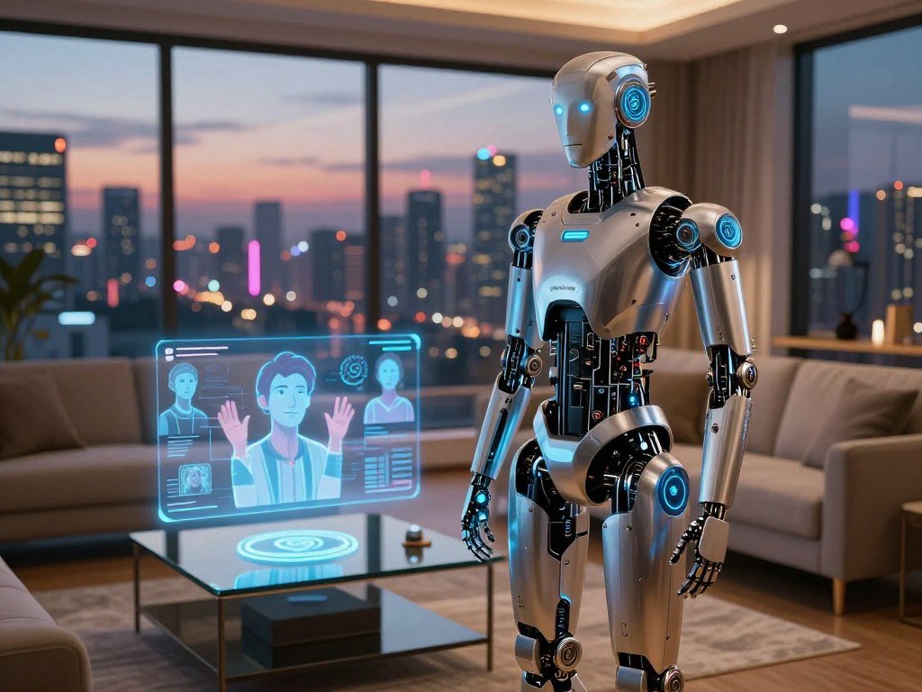 A futuristic robot stands in a sleek, high-tech living room, showcasing a blend of metallic and synthetic materials that define its humanoid shape. The foreground features the robot&amp;apos;s intricate circuitry and luminous blue light accents, highlighting its advanced artificial intelligence. In the middle ground, a glass coffee table displays holographic projections depicting various emotional expressions and human interactions, symbolizing companionship. The background is a panoramic view of a city skyline at twilight, with vibrant neon lights reflecting the mood of a bustling, interconnected future. Soft, ambient lighting creates a warm atmosphere, suggesting intimacy and connection. The scene conveys a sense of evolving technology while emphasizing the concept of companionship. Capture this moment as if taken with a 35mm lens from a slightly low angle, enhancing the robot&amp;apos;s presence. Include the brand name "sexlove.ai" subtly integrated into the robotic design.
