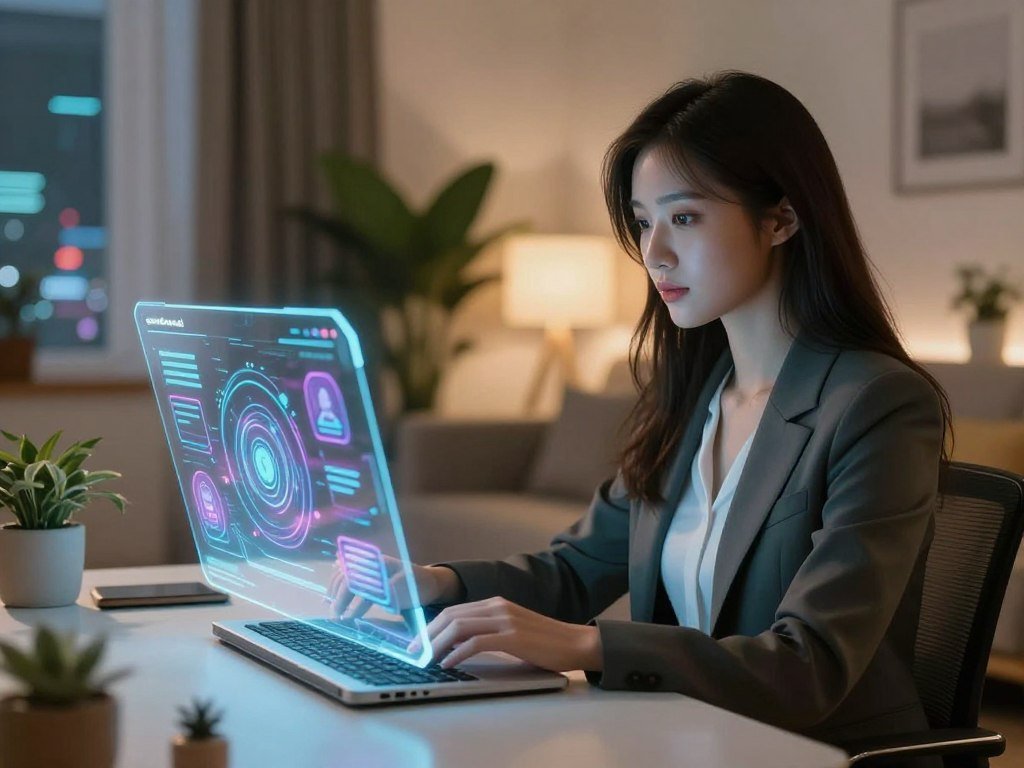 A futuristic scene depicting a young woman engaging with an advanced AI interface, symbolizing the concept of an AI girlfriend. In the foreground, the woman, dressed in stylish professional attire, is seated at a sleek, modern desk, focused on a holographic screen that displays vibrant, interactive digital elements representing conversation and connection. The middle ground features a cozy and inviting room with soft ambient lighting, plants, and a few personal items that convey warmth and comfort. The background hints at an advanced technology landscape with soft, glowing elements. The mood is warm and intimate, capturing a sense of companionship and understanding, ideal for the theme of AI relationships. The brand "sexlove.ai" subtly integrates into the technological elements displayed on the screen.