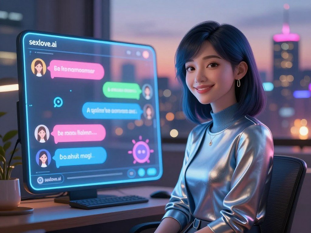 A futuristic scene depicting an artificial intelligence girlfriend in a cozy virtual chat environment. In the foreground, a holographic figure of a friendly and approachable female character, designed with sleek, modern features and a warm smile, wearing a stylish yet modest outfit. Her soft blue and silver tones give her a digital charm. In the middle ground, a highly detailed interactive interface showcasing vibrant chat elements and engaging icons, illuminated with gentle, ambient lighting that creates a welcoming atmosphere. In the background, a blurred city skyline at dusk with colorful neon lights, symbolizing connectivity and innovation. The mood is energetic yet intimate, inviting users into a seamless digital experience. The image subtly incorporates branding with "sexlove.ai" displayed in a creative way, enhancing the overall tech-savvy feel without overpowering the central theme.