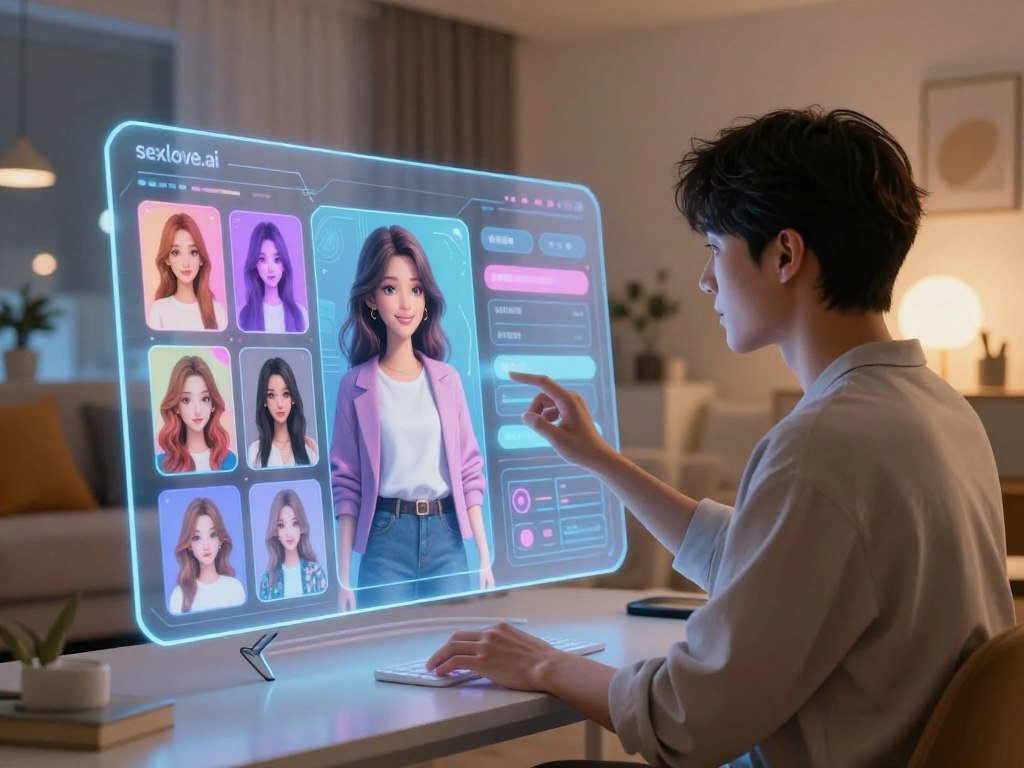 A futuristic scene showcasing a user customizing their AI girlfriend on a sleek, modern digital interface. In the foreground, a young adult, dressed in smart casual attire, interacts with a holographic display showcasing various customization options like hair color, eye shape, and clothing styles for the AI character. The AI girlfriend is depicted as a stylish digital avatar with an inviting smile, standing beside the user. In the middle ground, vibrant colors and intricate patterns illuminate the interface, highlighting the customization process. The background features a cozy, futuristic room with soft ambient lighting, plush furniture, and a warm atmosphere. The overall mood conveys excitement and creativity, emphasizing the endless possibilities of personalizing a virtual companion. The brand "sexlove.ai" is subtly integrated into the design of the digital interface, enhancing the scene without overpowering it.