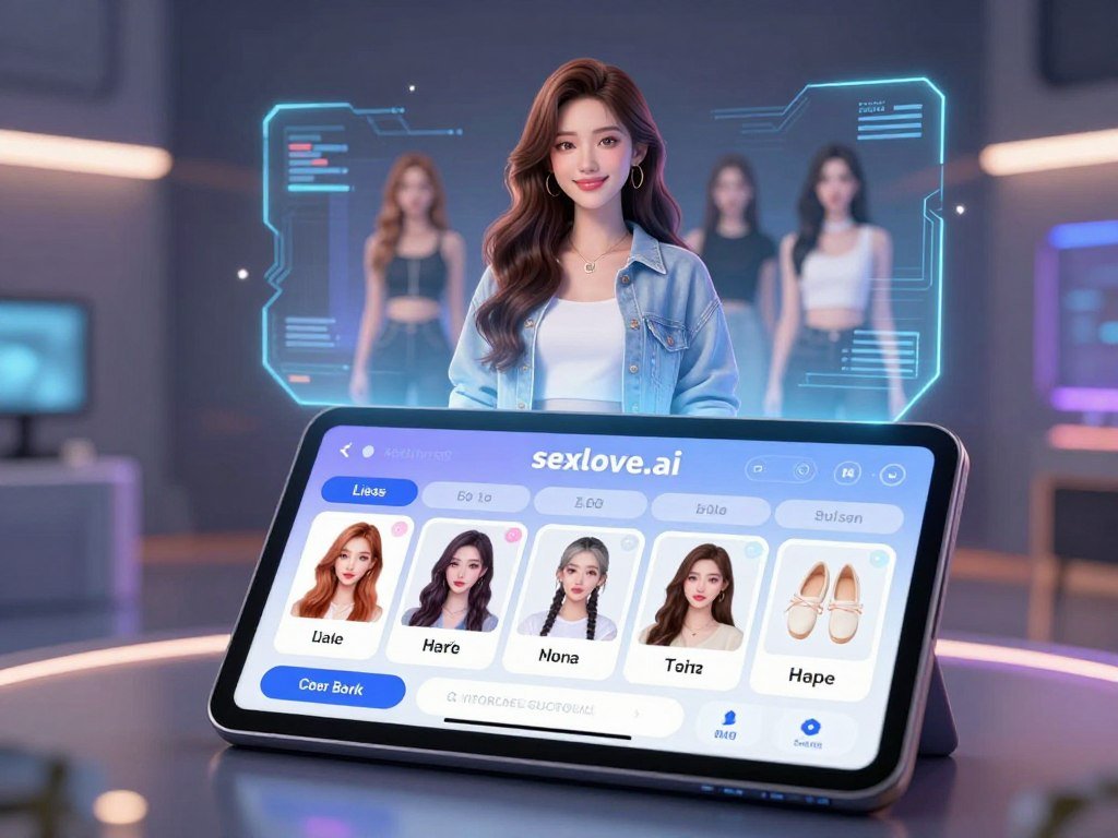 A futuristic scene showcasing the customization interface of a virtual girlfriend on a sleek, high-tech digital device. In the foreground, a stylized touchscreen displays various options for customizing hair color, eye shape, clothing style, and accessories, emphasizing user-friendly interaction. The middle ground features a holographic representation of a stylish female avatar, showcasing different looks and outfits, radiating a friendly and approachable aura. The background is an abstract digital environment with soft glowing lights and circuit patterns, creating an inviting high-tech ambiance. The lighting is soft and ethereal, enhancing the vibrant colors of the avatar and options displayed. The overall mood is engaging and imaginative, reflecting the innovative concept of personalized companionship in the digital age. The brand name "sexlove.ai" is subtly integrated into the design without being prominent. A futuristic scene showcasing the customization interface of a virtual girlfriend on a sleek, high-tech digital device. In the foreground, a stylized touchscreen displays various options for customizing hair color, eye shape, clothing style, and accessories, emphasizing user-friendly interaction. The middle ground features a holographic representation of a stylish female avatar, showcasing different looks and outfits, radiating a friendly and approachable aura. The background is an abstract digital environment with soft glowing lights and circuit patterns, creating an inviting high-tech ambiance. The lighting is soft and ethereal, enhancing the vibrant colors of the avatar and options displayed. The overall mood is engaging and imaginative, reflecting the innovative concept of personalized companionship in the digital age. The brand name "sexlove.ai" is subtly integrated into the design without being prominent.