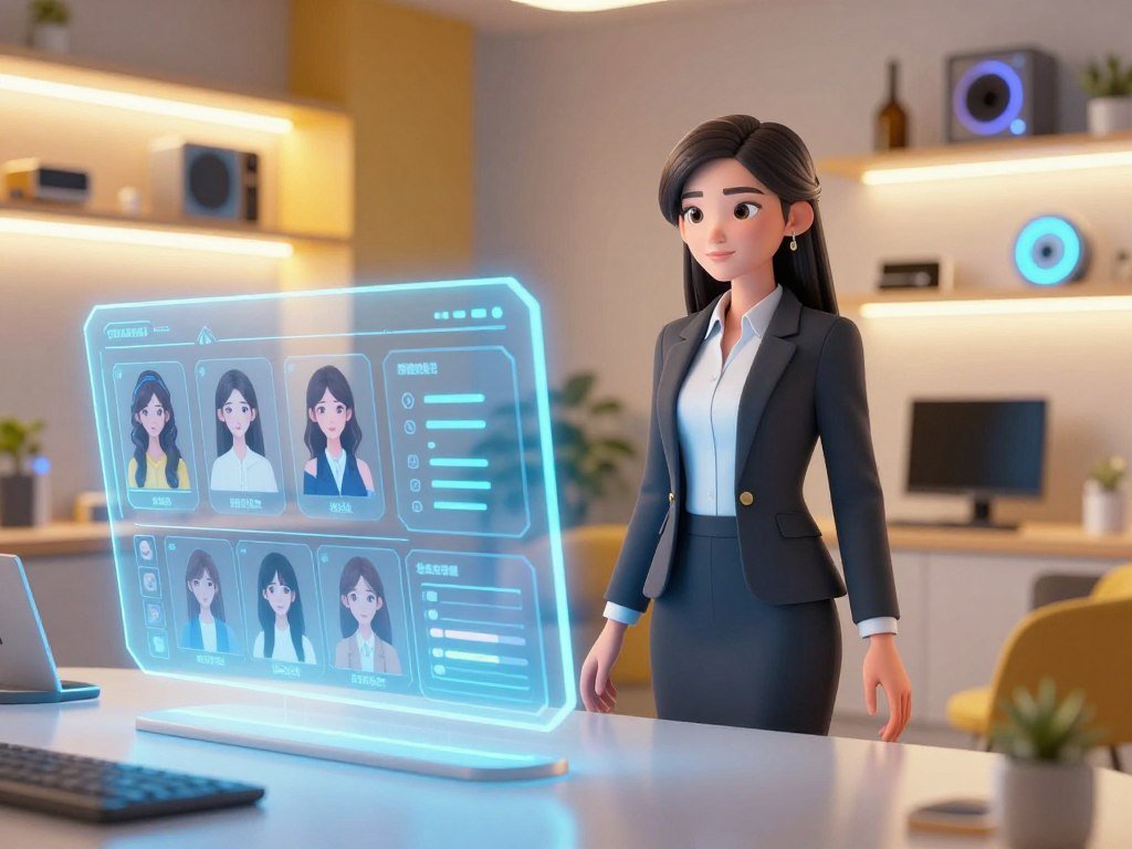 A futuristic, sleek digital interface showcasing customization options for an AI girlfriend, emphasized in a vibrant, high-tech room. In the foreground, a holographic display features various adjustable features such as hairstyle, outfit, and personality settings, emanating a soft blue glow against a polished surface. In the middle, a stylish, animated avatar resembling a realistic AI girl stands confidently, dressed in professional business attire, showcasing versatility and charm. The background includes neon-lit shelves with gadgets and futuristic decor, enhancing the modern atmosphere. The lighting is bright but warm, creating an inviting and innovative mood, with soft shadows emphasizing the 3D elements. The overall scene suggests a perfect blend of technology and personalization, embodying the essence of "Customization Options for Your Perfect Companion" from sexlove.ai.