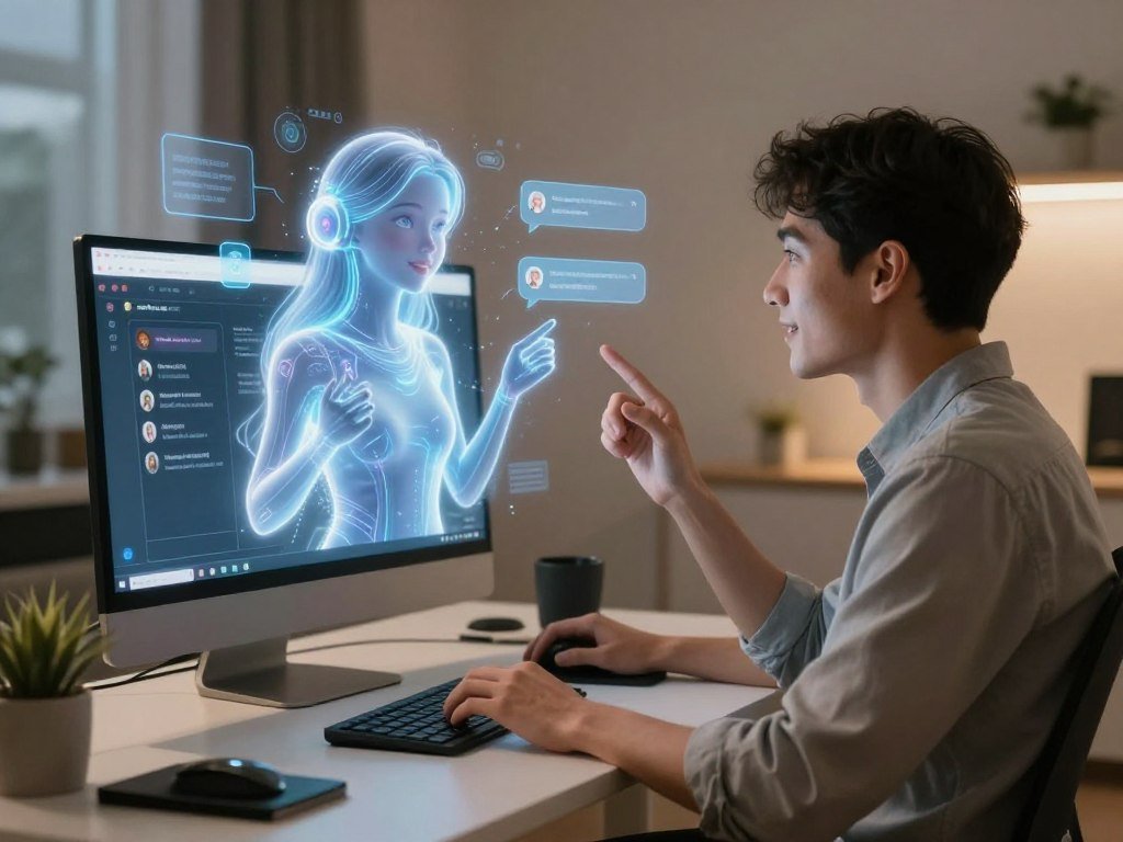 A futuristic, sleek workspace featuring a holographic AI girlfriend chatting with a young professional man. In the foreground, the man is seated at a modern desk, wearing smart casual attire, engaged in voice interaction with the AI displayed as a glowing, ethereal figure above the desk. The AI girlfriend has a friendly, inviting expression, her form composed of flowing light and digital elements, showcasing chat features that float around her. In the middle, a high-tech computer setup showcases chat windows and interactive icons. The background is a cozy, well-lit room with soft, ambient lighting that creates a warm atmosphere. The mood is optimistic and innovative, emphasizing connection and technology, with a focus on user experience. The brand name "sexlove.ai" is subtly integrated within the digital elements, enhancing the tech-inspired theme.