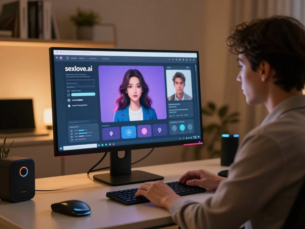A futuristic, sophisticated digital workspace showcasing a scene where a user interacts with an AI girlfriend generator on a sleek computer screen. In the foreground, focus on a professional individual in smart business attire, sitting comfortably at a modern desk filled with tech gadgets. The middle ground features the glowing computer monitor displaying the intuitive interface of "sexlove.ai," with visually appealing graphics representing customizable AI avatars. The background hints at shelves lined with books on technology and relationships, softly illuminated by warm lighting that creates an inviting atmosphere. The angle captures the user&amp;apos;s engaged expression, highlighting the blend of technology and companionship in a modern setting. Emphasize a warm color palette to evoke comfort and innovation, capturing the essence of exploring AI companionship.