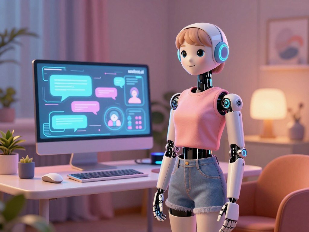 A futuristic virtual companion designed as an AI girlfriend stands in an inviting, softly lit room filled with tech gadgets. In the foreground, the figure is a realistic humanoid robot with a friendly and approachable expression, dressed in modest casual clothing, with a vibrant, pastel color palette. The middle ground features a stylish, sleek computer setup showcasing holographic interfaces, illustrating digital conversations. The background is softly blurred, accentuating a cozy atmosphere with ambient lighting, warm colors, and elements that suggest comfort, like a plush chair and decorative plants. The scene has a gentle warmth, with soft shadows creating an inviting, friendly mood. The logo 'sexlove.ai' subtly incorporated into the tech layout suggests innovation and companionship, enhancing the concept of a virtual relationship. A futuristic virtual companion designed as an AI girlfriend stands in an inviting, softly lit room filled with tech gadgets. In the foreground, the figure is a realistic humanoid robot with a friendly and approachable expression, dressed in modest casual clothing, with a vibrant, pastel color palette. The middle ground features a stylish, sleek computer setup showcasing holographic interfaces, illustrating digital conversations. The background is softly blurred, accentuating a cozy atmosphere with ambient lighting, warm colors, and elements that suggest comfort, like a plush chair and decorative plants. The scene has a gentle warmth, with soft shadows creating an inviting, friendly mood. The logo 'sexlove.ai' subtly incorporated into the tech layout suggests innovation and companionship, enhancing the concept of a virtual relationship.