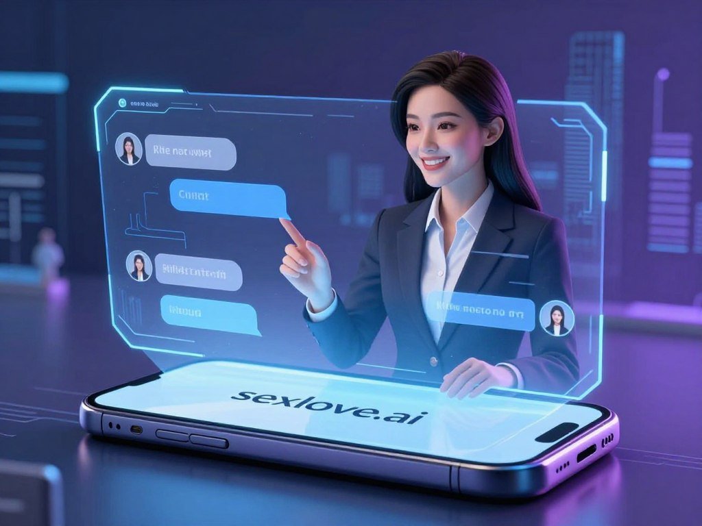 A futuristic virtual girlfriend AI platform concept, featuring a sleek, interactive holographic interface showcasing personalized chat options. In the foreground, a stylized, immersive device resembling a smartphone or tablet displays the brand name "sexlove.ai" in an elegant font. The middle ground depicts an advanced AI avatar, a friendly, professionally dressed female figure with an approachable demeanor and warm smile, engaging with the user. The background features subtle digital elements, like circuit patterns and muted tech cityscape outlines, conveying innovation. Soft blue and purple lighting creates a calming atmosphere, highlighting the advanced technology and friendly interaction while emphasizing companionship and communication. The perspective is slightly above eye level, inviting the viewer into this futuristic setting. A futuristic virtual girlfriend AI platform concept, featuring a sleek, interactive holographic interface showcasing personalized chat options. In the foreground, a stylized, immersive device resembling a smartphone or tablet displays the brand name "sexlove.ai" in an elegant font. The middle ground depicts an advanced AI avatar, a friendly, professionally dressed female figure with an approachable demeanor and warm smile, engaging with the user. The background features subtle digital elements, like circuit patterns and muted tech cityscape outlines, conveying innovation. Soft blue and purple lighting creates a calming atmosphere, highlighting the advanced technology and friendly interaction while emphasizing companionship and communication. The perspective is slightly above eye level, inviting the viewer into this futuristic setting.