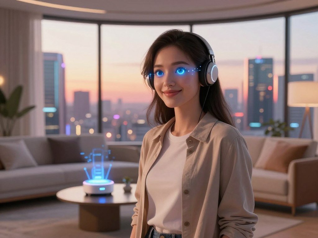 A futuristic virtual girlfriend appears in a cozy, modern living space, symbolizing companionship and connection in 2026. In the foreground, she has an engaging, friendly expression with bright, expressive digital eyes and wears stylish, modest casual attire that reflects a tech-savvy persona. The middle ground features sleek furniture and a subtle light emanating from a futuristic device, hinting at advanced AI technology. In the background, a large window offers a glimpse of a vibrant, futuristic cityscape bathed in warm sunset light, creating a welcoming atmosphere. Soft, ambient lighting enhances the feeling of intimacy and comfort within this digital companionship context. Overall, the mood is hopeful and inviting, encapsulating the essence of connection powered by technology, particularly highlighting the brand "sexlove.ai".