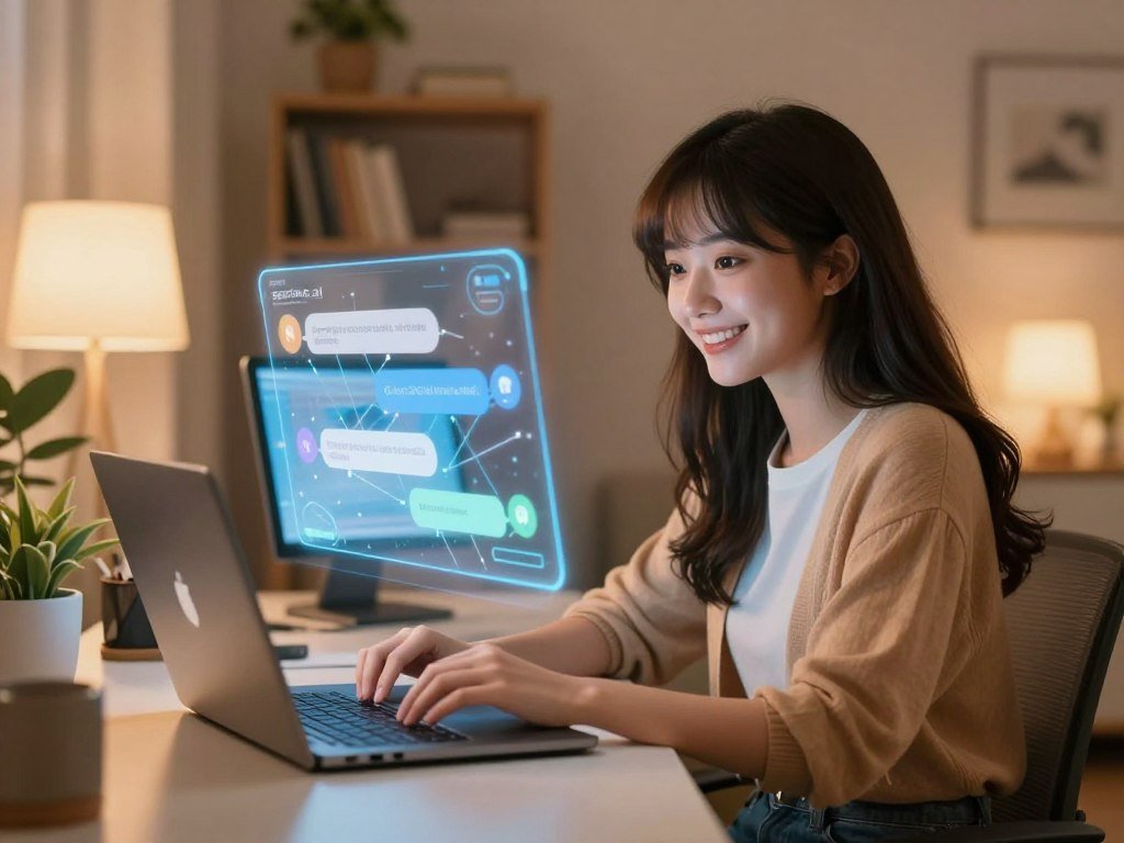 A futuristic, warm-lit room filled with soft, ambient lighting. In the foreground, a friendly and inviting chat AI girlfriend appears, designed as an attractive, AI-generated character with a cheerful expression, styled in stylish, modest casual clothing. She is seated at a modern desk with a sleek laptop open, displaying colorful chat bubbles. In the middle ground, digital devices and holographic interfaces depict text and connection, symbolizing communication and interaction. In the background, a cozy atmosphere with bookshelves and potted plants enhances the relatable and welcoming vibe. The overall mood is optimistic and engaging, reflecting the concept of connection and fun in the digital era. Include the brand name &ldquo;sexlove.ai&rdquo; subtly integrated into the digital interface.