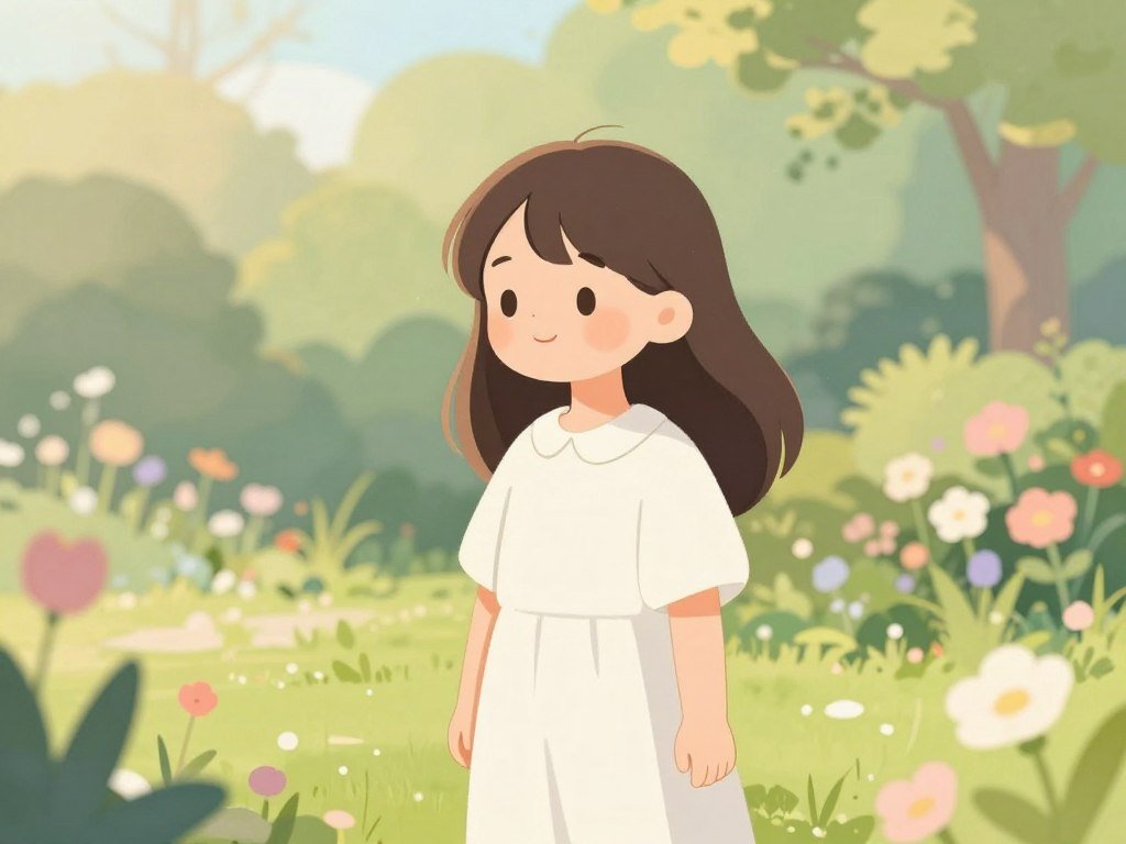 A gentle AI companion with a calming presence, standing in a sunlit garden, soft colors, peaceful atmosphere, realistic style.