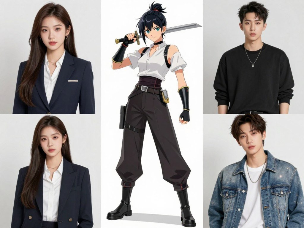 A grid layout showcasing different AI characters, including a Disney-style princess, an anime warrior, and a realistic K-pop idol. A grid layout showcasing different AI characters, including a Disney-style princess, an anime warrior, and a realistic K-pop idol.