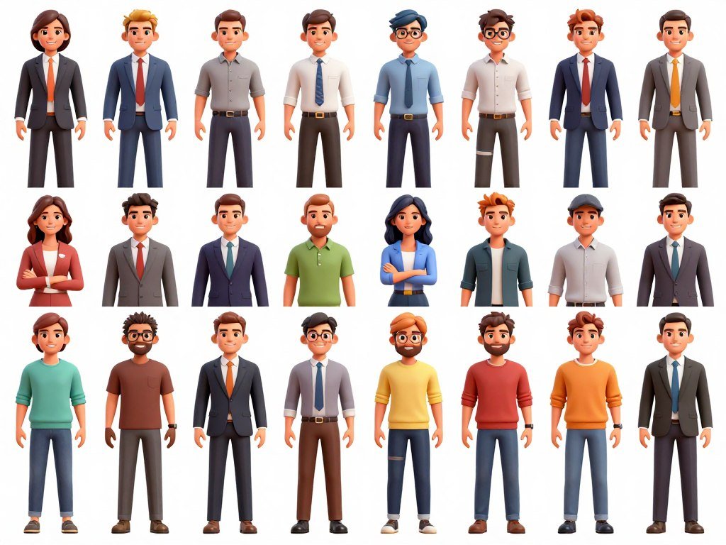 A grid of diverse virtual avatars ranging from fantasy heroes to modern professionals, 3D render style, colorful icons.