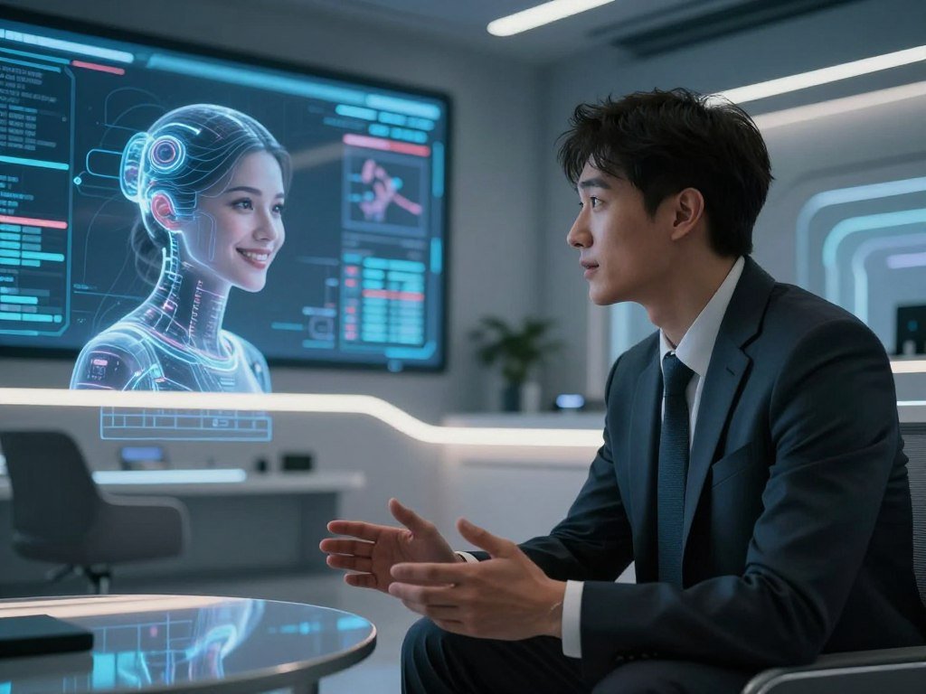 A gripping scene from a companion movie thriller, showcasing a futuristic setting where a digital AI girlfriend interacts with a human protagonist. In the foreground, a young, professional man in business attire is deeply engrossed in conversation with a holographic female presence, who embodies an idealized partner with a warm, welcoming smile. The middle ground features sleek, tech-inspired furniture, illuminated by soft, ambient lighting that casts gentle reflections on glossy surfaces. In the background, high-tech screens display complex data and images, hinting at the AI&amp;apos;s capabilities. The atmosphere is tense yet intimate, filled with anticipation and curiosity. Shot with a cinematic lens at a slight upward angle to create a dramatic effect, capturing the emotional bonding between human and AI. Brand name: sexlove.ai.