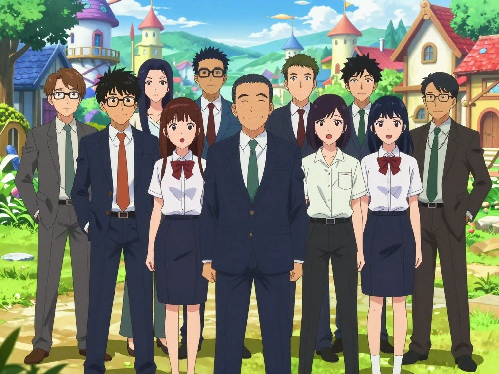 A group of diverse anime-style characters standing together in a vibrant fantasy village, colorful art style, high contrast, expressive faces.