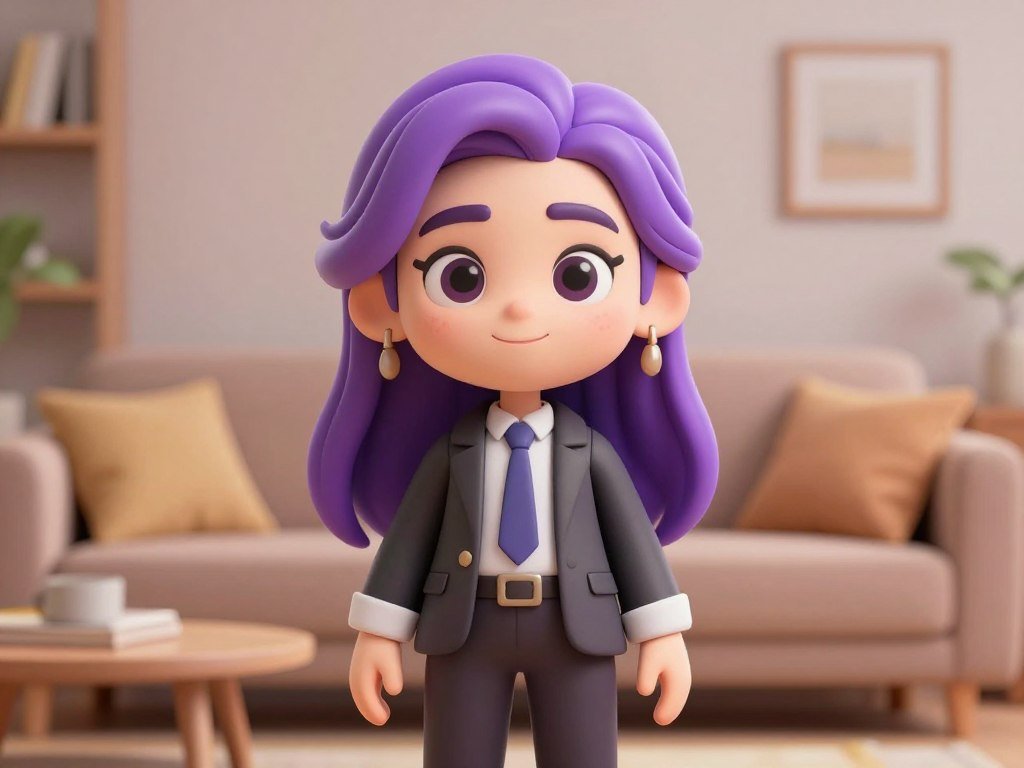 A high-quality 3D render of a customizable AI girl with long purple hair and a kind expression, wearing a casual sweater in a cozy living room. A high-quality 3D render of a customizable AI girl with long purple hair and a kind expression, wearing a casual sweater in a cozy living room.
