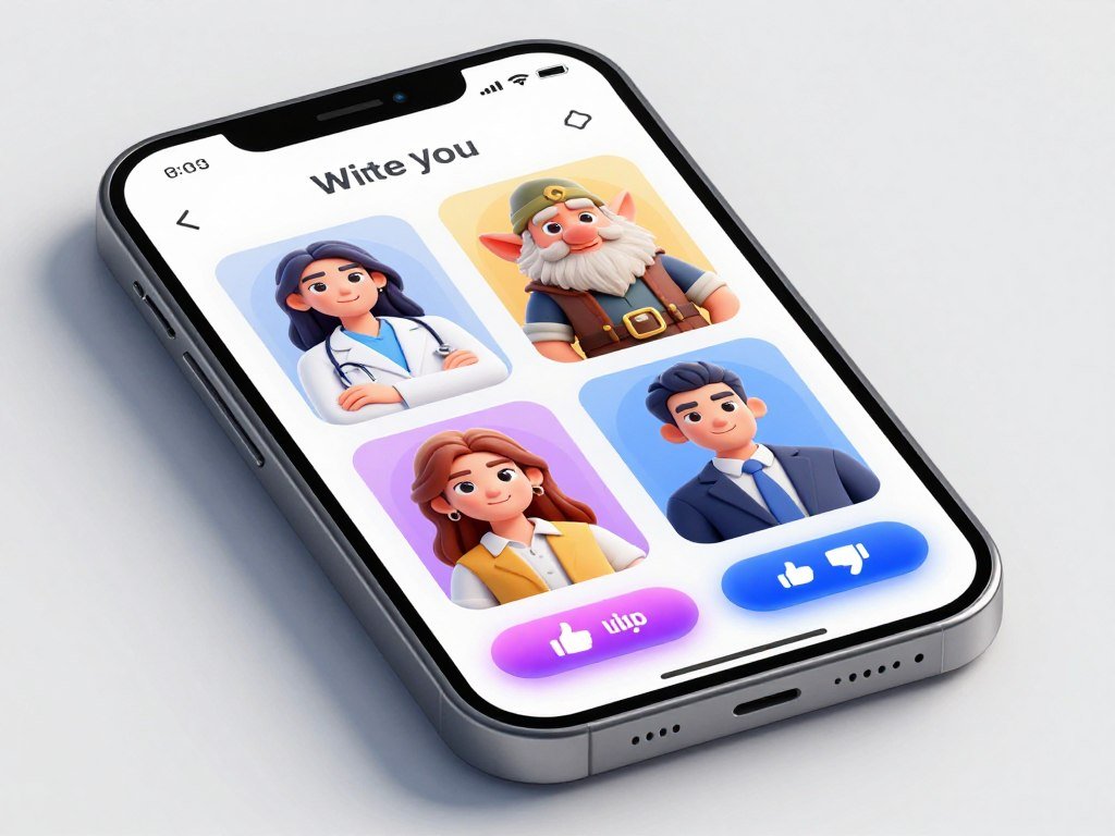 A high-quality 3D render of a smartphone screen showing a swipe-based dating interface with colorful AI character cards, including a female scientist, a fantasy dwarf, and a business executive, with glowing "like" and "dislike" buttons. A high-quality 3D render of a smartphone screen showing a swipe-based dating interface with colorful AI character cards, including a female scientist, a fantasy dwarf, and a business executive, with glowing "like" and "dislike" buttons.