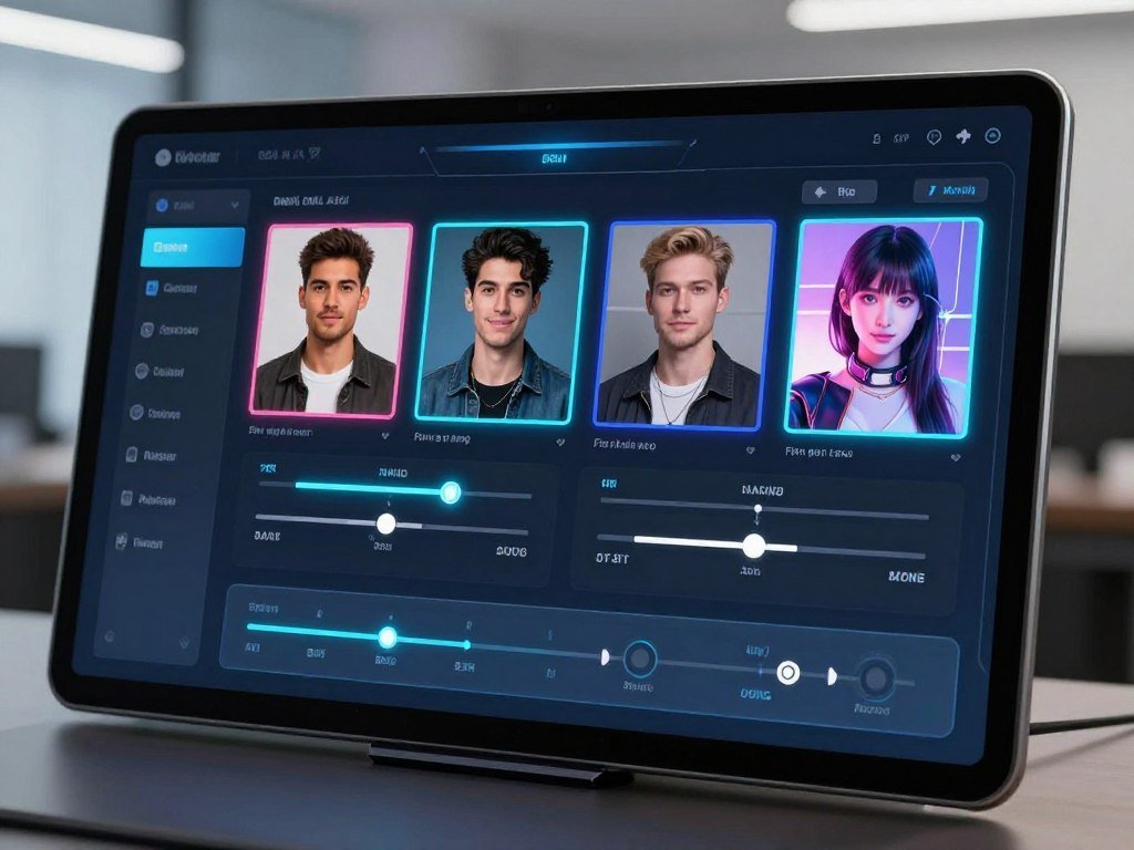A high-quality 4k digital interface showing an AI character creation screen with various sliders for customization, realistic and anime style options visible, glowing neon UI elements, futuristic aesthetic. A high-quality 4k digital interface showing an AI character creation screen with various sliders for customization, realistic and anime style options visible, glowing neon UI elements, futuristic aesthetic.