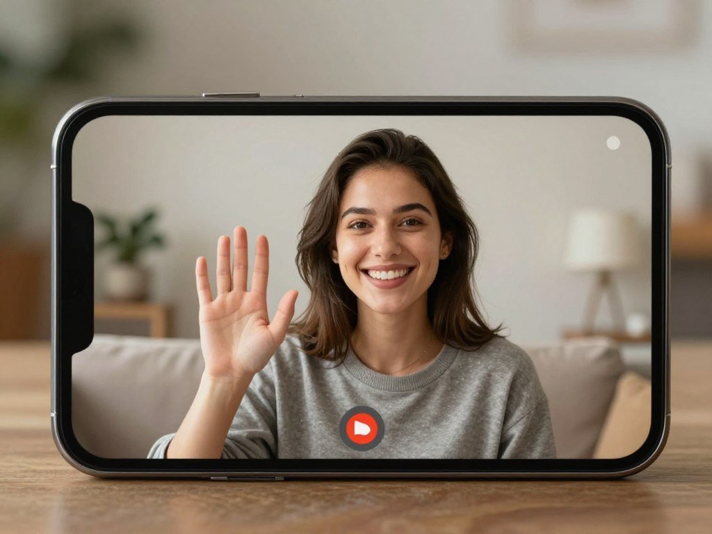 A high-quality 4k realistic video call interface on a smartphone screen showing a beautiful AI girlfriend smiling and waving, blurred cozy living room background, cinematic lighting, highly detailed features. A high-quality 4k realistic video call interface on a smartphone screen showing a beautiful AI girlfriend smiling and waving, blurred cozy living room background, cinematic lighting, highly detailed features.
