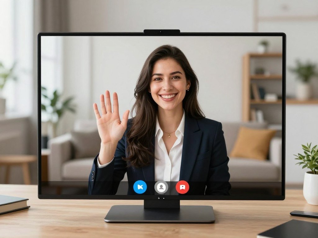 A high-quality 4k video call screen showing a beautiful AI girlfriend with long hair, sitting in a sunny modern living room, waving at the camera with a warm smile.