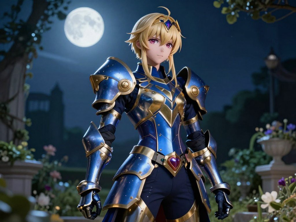 A high-quality digital illustration of a beautiful anime character girl, Saber from Fate, wearing blue and gold armor, standing in a moonlit garden, cinematic lighting, sharp focus, 8k resolution.