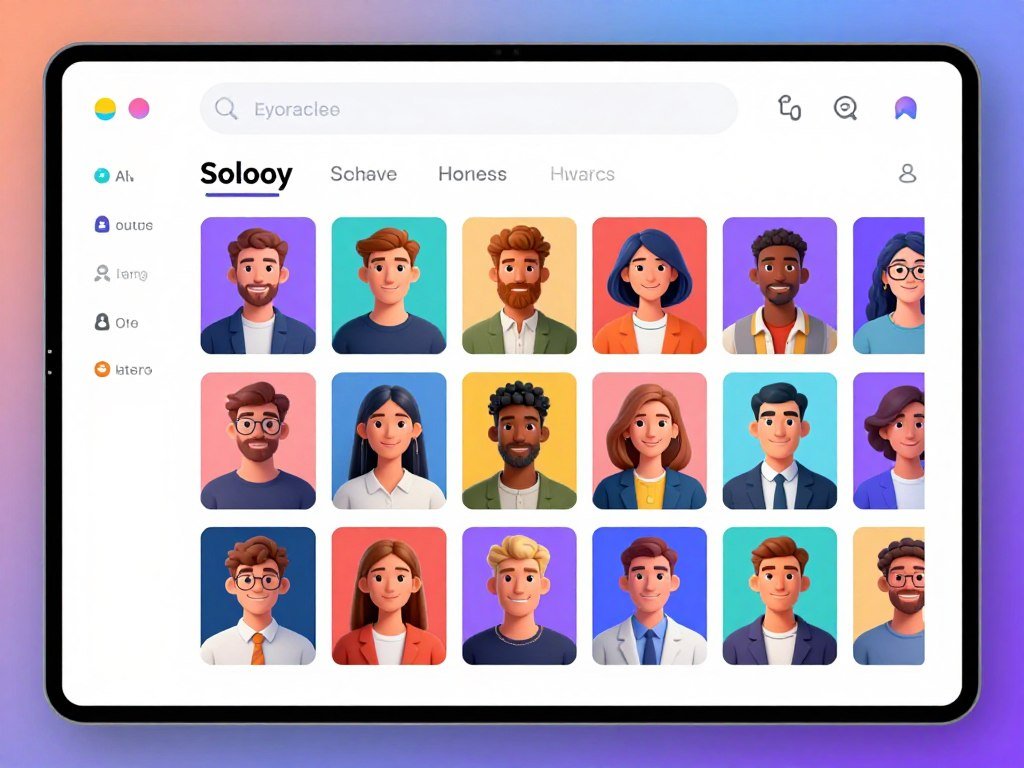 A high-quality digital interface showing a vast library of diverse AI character avatars, vibrant colors, futuristic social media layout, 4k resolution.