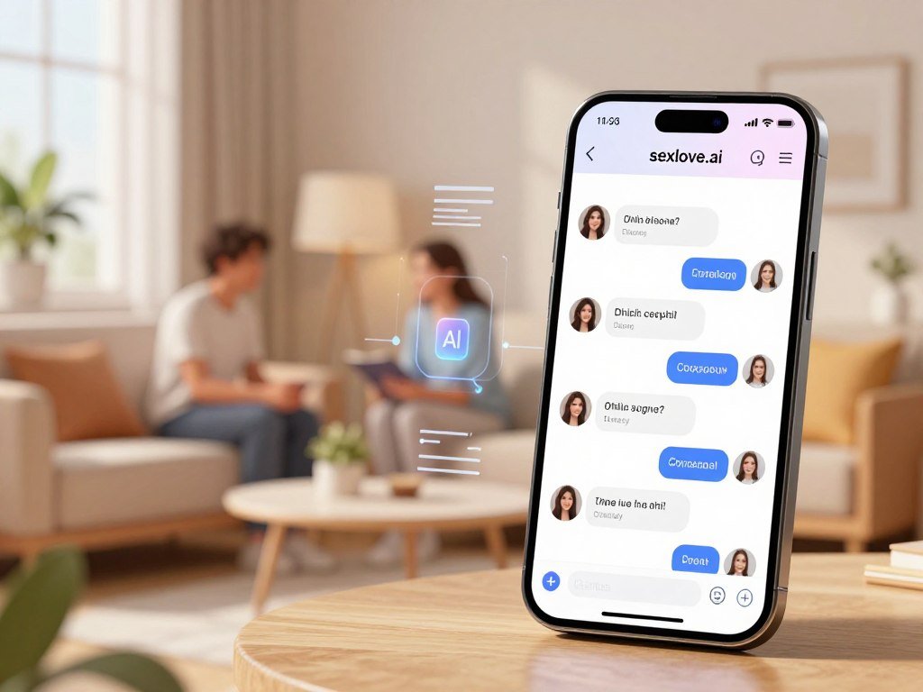A high-quality illustration of essential features for an AI girlfriend chatbot, focusing on companionship and interaction. In the foreground, a sleek smartphone displaying a friendly chatbot interface, with a visually appealing design showcasing features like personalized conversations, emotion recognition, and aesthetic choices. The middle ground features subtle tech elements, like AI algorithms and data visualizations, blending with warm, inviting colors to evoke a sense of connection. In the background, a cozy living space with soft lighting and modern decor, creating an atmosphere of intimacy and comfort. The scene should have a professional feel, with clear details and a focus on the innovative technologies represented, all while maintaining a warm and engaging mood. The brand "sexlove.ai" subtly integrated into the design elements.