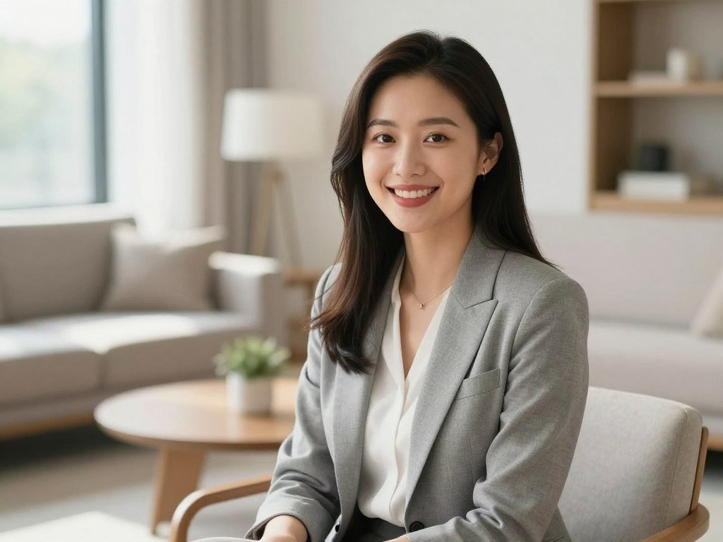 A high-quality, photorealistic image of a beautiful young woman with a kind smile, sitting in a modern sunlit living room, wearing casual home clothes, looking directly at the camera as if having a warm conversation.