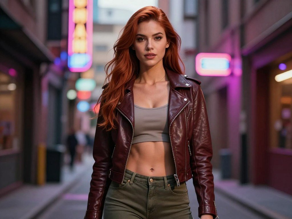 A high-quality, professional portrait of a custom female AI character with athletic build, long auburn hair, wearing a stylish leather jacket, standing in a neon-lit urban alleyway, realistic skin textures, 8k resolution. A high-quality, professional portrait of a custom female AI character with athletic build, long auburn hair, wearing a stylish leather jacket, standing in a neon-lit urban alleyway, realistic skin textures, 8k resolution.
