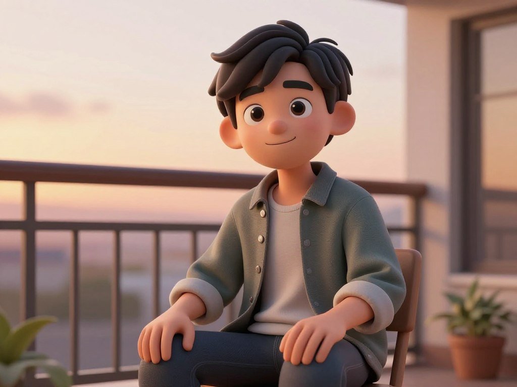 A high-quality, realistic 3D render of a friendly AI girlfriend with soft lighting, wearing casual home clothes, sitting on a balcony at sunset, hyper-detailed features, cinematic style.