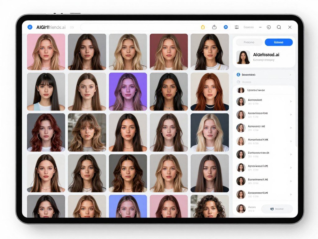A high-resolution digital interface of AIGirlfriends.ai showing a diverse gallery of over 800 unique AI companions, featuring vibrant video thumbnails and personalized profiles in a modern, user-friendly layout. A high-resolution digital interface of AIGirlfriends.ai showing a diverse gallery of over 800 unique AI companions, featuring vibrant video thumbnails and personalized profiles in a modern, user-friendly layout.
