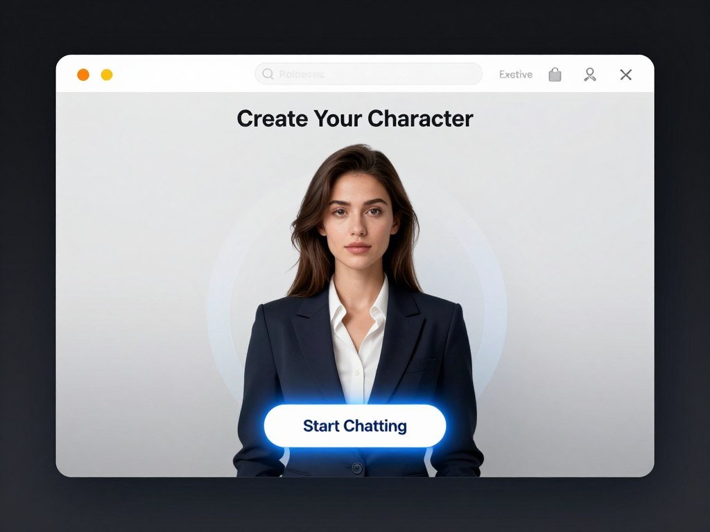 A high-resolution digital rendering of a sleek user interface for SexLove.ai, featuring a "Create Your Character" screen with a beautiful, realistic woman as an avatar and a "Start Chatting" button glowing warmly.