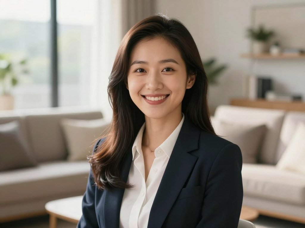 A highly detailed, photorealistic portrait of a beautiful AI girlfriend with long hair, smiling warmly in a sunlit living room, 8k resolution, cinematic lighting.