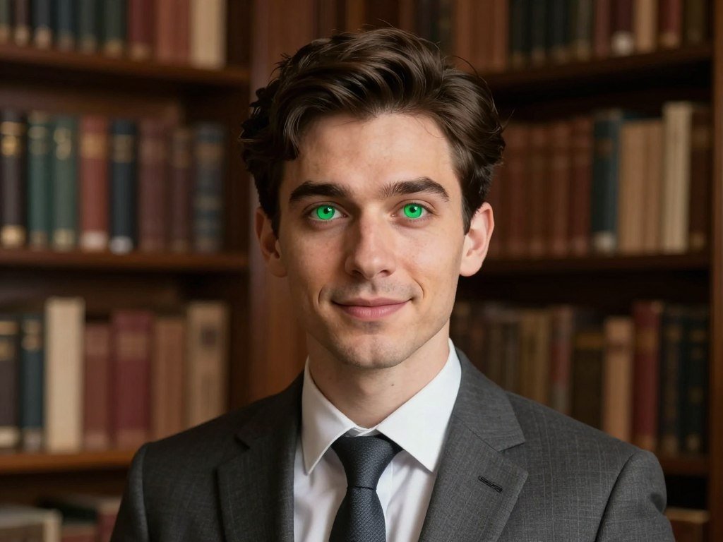A highly detailed, realistic portrait of a custom-designed AI girlfriend with emerald green eyes and a warm, intellectual expression, soft library lighting, 4k resolution.