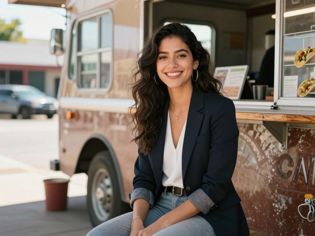 A highly realistic, Instagram-style photo of a beautiful young woman with a warm smile, sitting at a rustic outdoor taco truck in a sunny American city, wearing casual summer clothes, natural cinematic lighting, 8k resolution. A highly realistic, Instagram-style photo of a beautiful young woman with a warm smile, sitting at a rustic outdoor taco truck in a sunny American city, wearing casual summer clothes, natural cinematic lighting, 8k resolution.
