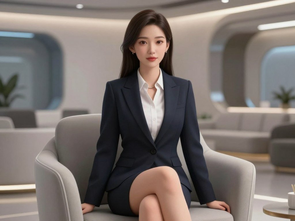 A hyper-realistic 3D digital woman sitting in a modern futuristic lounge, soft cinematic lighting, 8k resolution, elegant style. A hyper-realistic 3D digital woman sitting in a modern futuristic lounge, soft cinematic lighting, 8k resolution, elegant style.