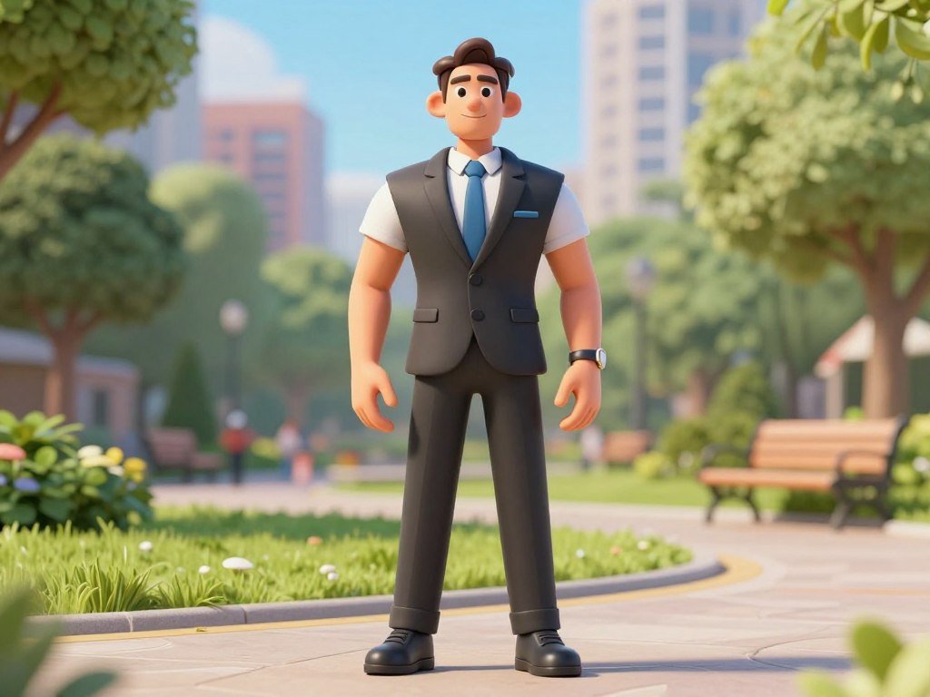 A hyper-realistic 3D render of a dream companion designed from scratch, athletic build, wearing modern casual clothing, standing in a sunny city park.