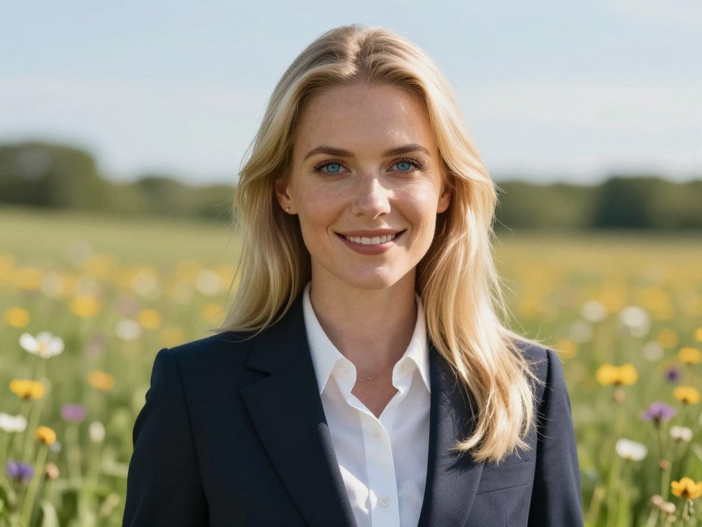 A hyper-realistic AI companion with blue eyes and long blonde hair, wearing a white summer dress, laughing in a sunlit wildflower field, 8k resolution, cinematic lighting.