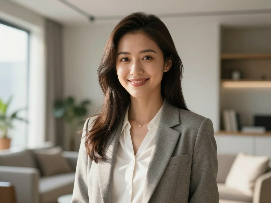 A hyper-realistic, beautiful young woman with a kind smile, standing in a sunlit modern apartment, wearing casual stylish home clothes, cinematic lighting, 8k resolution, highly detailed facial features.