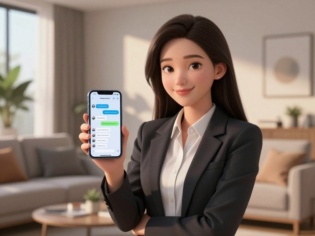 A hyper-realistic digital illustration of a young woman with a friendly smile, holding a smartphone showing a Telegram chat interface, set in a modern American living room with soft evening sunlight, 8k resolution, cinematic lighting.