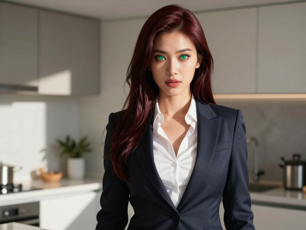 A hyper-realistic digital portrait of a customized AI woman with athletic build, emerald green eyes, and long mahogany hair, wearing a stylish silk blouse, standing in a sunlit modern kitchen, 8k resolution, cinematic lighting, photorealistic textures. A hyper-realistic digital portrait of a customized AI woman with athletic build, emerald green eyes, and long mahogany hair, wearing a stylish silk blouse, standing in a sunlit modern kitchen, 8k resolution, cinematic lighting, photorealistic textures.