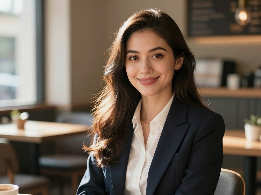 A hyper-realistic portrait of a stunning AI girlfriend with a kind smile, long flowing hair, and expressive brown eyes, wearing a casual sweater, sitting in a cozy sunlit cafe, cinematic lighting, 8k resolution.