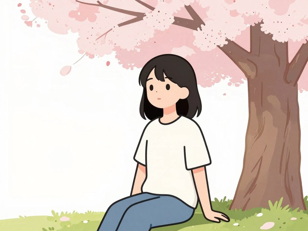A minimalist 2D anime girl with a peaceful expression, sitting under a cherry blossom tree, simple art style, clean lines, pastel colors.