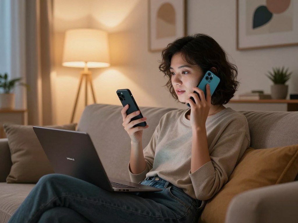 A modern, cozy living room at dusk, softly lit by warm lamps, featuring a person sitting comfortably on a plush sofa, holding a smartphone to their ear, engaged in a voice call with their AI girlfriend. The person is wearing smart casual attire, exuding a relaxed yet professional vibe. In the background, subtle hints of technology are visible, such as a tablet and a laptop, showcasing a blend of human and digital companionship. The walls are decorated with abstract art, enhancing the contemporary atmosphere. The lighting creates a serene mood, and the angle captures the connection between the person and their phone, symbolizing the intimacy of the conversation. A sense of warmth and authenticity fills the scene, reflecting the theme of realistic AI interactions. The brand logo "sexlove.ai" is subtly incorporated into the room&amp;apos;s decor, reinforcing the AI girlfriend concept while maintaining professionalism.