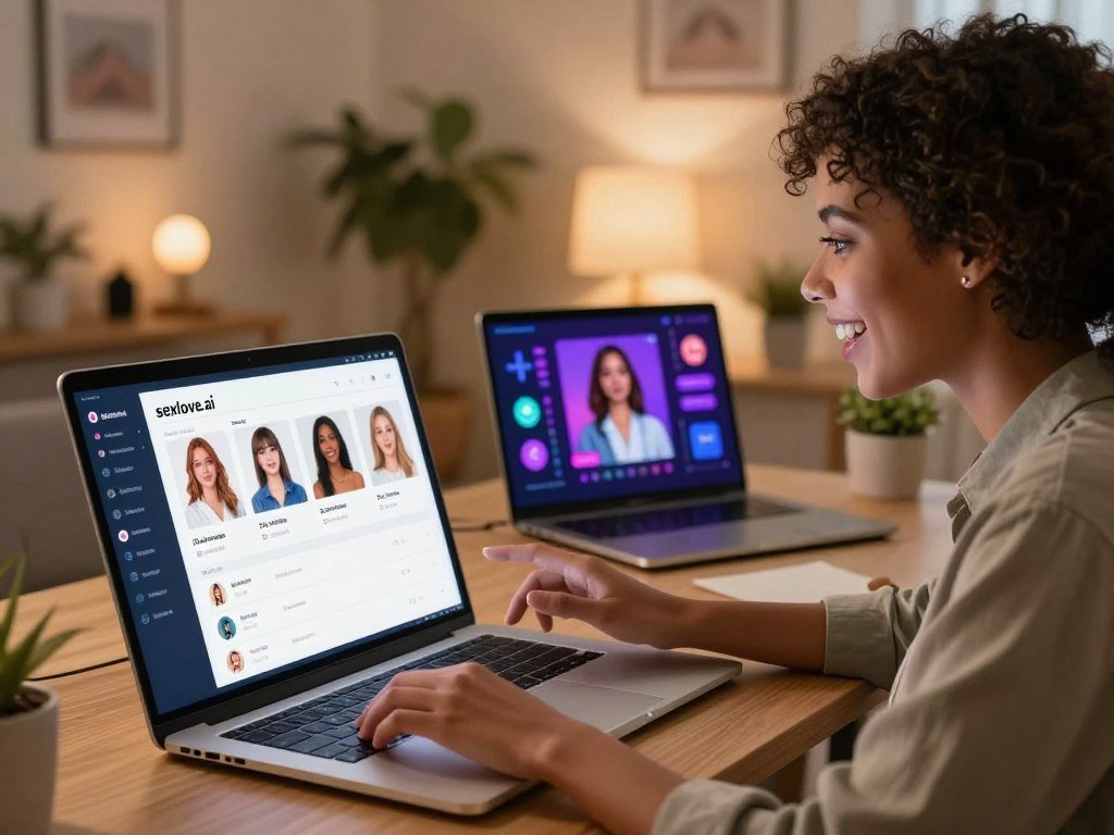 A modern digital workspace showcasing a user customizing their virtual girlfriend experience with the platform "sexlove.ai". In the foreground, a diverse young adult (in casual professional attire) interacts with a sleek touchscreen interface displaying various customization options, like hairstyle, outfits, and personality traits. Their expression reflects joy and excitement. The middle ground features an open laptop with a vibrant interface illustrating a virtual character being designed, surrounded by colorful icons and animations. The background features a cozy and stylish room with warm ambient lighting, plants, and tech-related decorations that enhance the atmosphere. Soft focus on the background helps draw attention to the customization process with a slightly angled camera view to convey depth and engagement in this intimate digital experience.