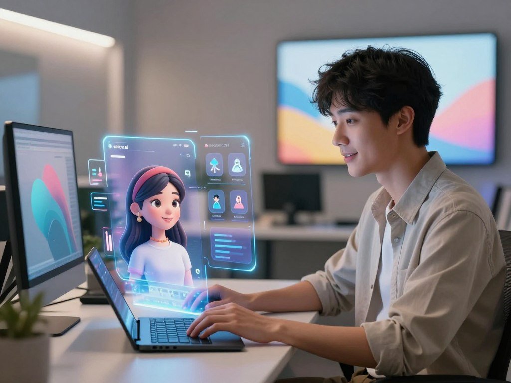 A modern digital workspace showcasing an interaction between a user and a customizable AI girlfriend companion, reflecting the theme of companionship and technology. In the foreground, a young person in professional casual attire, engaged with a sleek holographic interface displaying a 3D avatar representing the AI companion, designed to look friendly and approachable. The middle layer features vibrant holograms and icons representing customization options around the avatar, such as outfits and personality traits. The background is a softly lit room with futuristic decor, including screens displaying peaceful, abstract visuals. The atmosphere conveys a blend of innovation and comfort, emphasizing a supportive interaction in a user-friendly environment, showcasing the brand "sexlove.ai". The lighting is warm yet modern, giving a sense of optimism and accessibility.