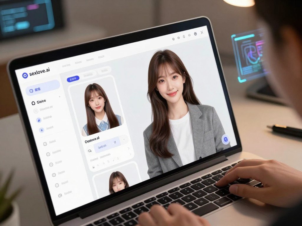 A modern digital workspace showcasing the customization process of an AI girlfriend&amp;apos;s appearance using the platform "sexlove.ai". In the foreground, a sleek, high-tech interface displays options for modifying features like hair color, eye shape, and style of clothing. The middle ground features a stylized, ethereal representation of an AI girlfriend, appearing friendly and approachable, with a gentle smile and wearing sophisticated casual attire. Soft lighting enhances her virtual persona, creating a warm and inviting atmosphere. In the background, blurred elements of futuristic technology, like holographic displays and abstract data visuals, suggest advanced capabilities. The image captures a sense of creativity and ease, inspiring users to interact with AI in a personalized way. The angle is slightly elevated, offering a dynamic perspective of the customization process, emphasizing the excitement of creating a perfect AI companion.