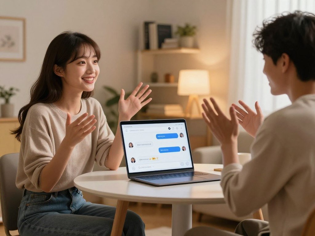 A modern, engaging scene depicting an AI girlfriend character interacting with a user in a cozy, well-lit room. In the foreground, a female character with a friendly demeanor, wearing modest casual clothing, is sitting across from a user, who appears engaged and happy. The middle ground features a small table between them with a laptop open, showcasing a realistic chat interface. Soft ambient lighting creates a warm atmosphere, highlighting playful expressions and gestures. In the background, there are shelves with books and personal items, suggesting a comfortable and inviting environment. The overall mood is friendly and innovative, capturing the essence of companionship provided by virtual AI systems. The brand "sexlove.ai" subtly integrated into the scene, reflecting modern technology and connection.