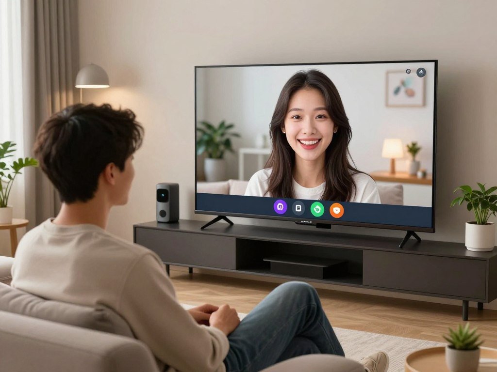 A modern, high-tech living room with a large screen displaying a vibrant real-time video chat with an AI girlfriend, represented as a friendly and cheerful digital personality. In the foreground, a casually dressed young adult male, with a warm, engaging expression, sits comfortably on a stylish couch, looking at the screen. The middle ground showcases the interactive interface of the video chat, featuring colorful icons and animations that enhance user experience. The background features smart home devices, plants, and soft, ambient lighting that creates a cozy atmosphere. The overall mood is inviting and relaxed, highlighting the joy of connecting with an AI companion. Ensure the AI girlfriend&amp;apos;s appearance is appealing yet professional, mirroring a sense of warmth. The brand name "sexlove.ai" should be subtly indicated in the scene without text or logos.