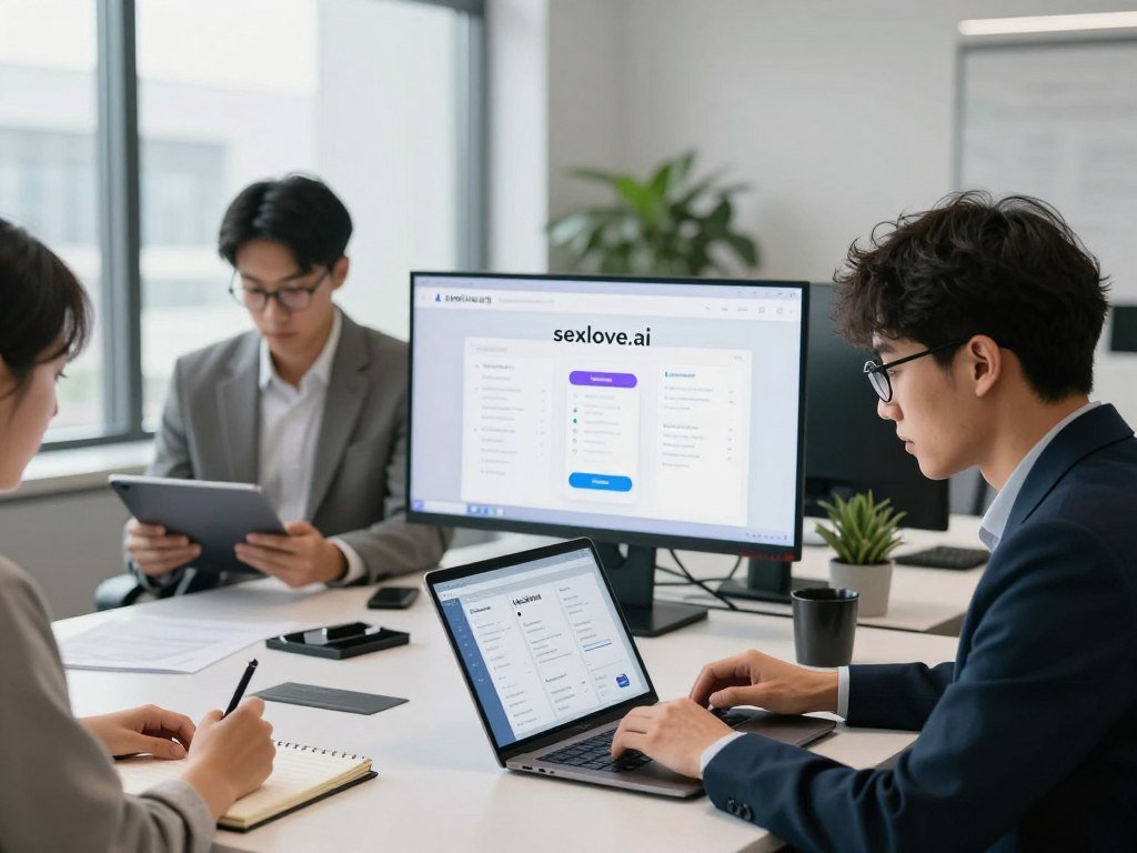 A modern office workspace featuring a diverse group of three individuals engaged in testing AI girlfriend apps. In the foreground, a person with glasses, a laptop open, and focused expression is analyzing app interfaces. To the left, another individual takes notes on a notepad, while a third person is reviewing feedback on their tablet. Each person is dressed in professional business attire, creating a polished workplace atmosphere. In the middle, a large screen displays the interface of "sexlove.ai", showcasing its sleek design. The background shows a bright, welcoming office with large windows, soft, natural lighting filling the space, and potted plants. The mood is analytical and collaborative, emphasizing professionalism and innovation as they test and rank various apps for quality and connection. A modern office workspace featuring a diverse group of three individuals engaged in testing AI girlfriend apps. In the foreground, a person with glasses, a laptop open, and focused expression is analyzing app interfaces. To the left, another individual takes notes on a notepad, while a third person is reviewing feedback on their tablet. Each person is dressed in professional business attire, creating a polished workplace atmosphere. In the middle, a large screen displays the interface of "sexlove.ai", showcasing its sleek design. The background shows a bright, welcoming office with large windows, soft, natural lighting filling the space, and potted plants. The mood is analytical and collaborative, emphasizing professionalism and innovation as they test and rank various apps for quality and connection.