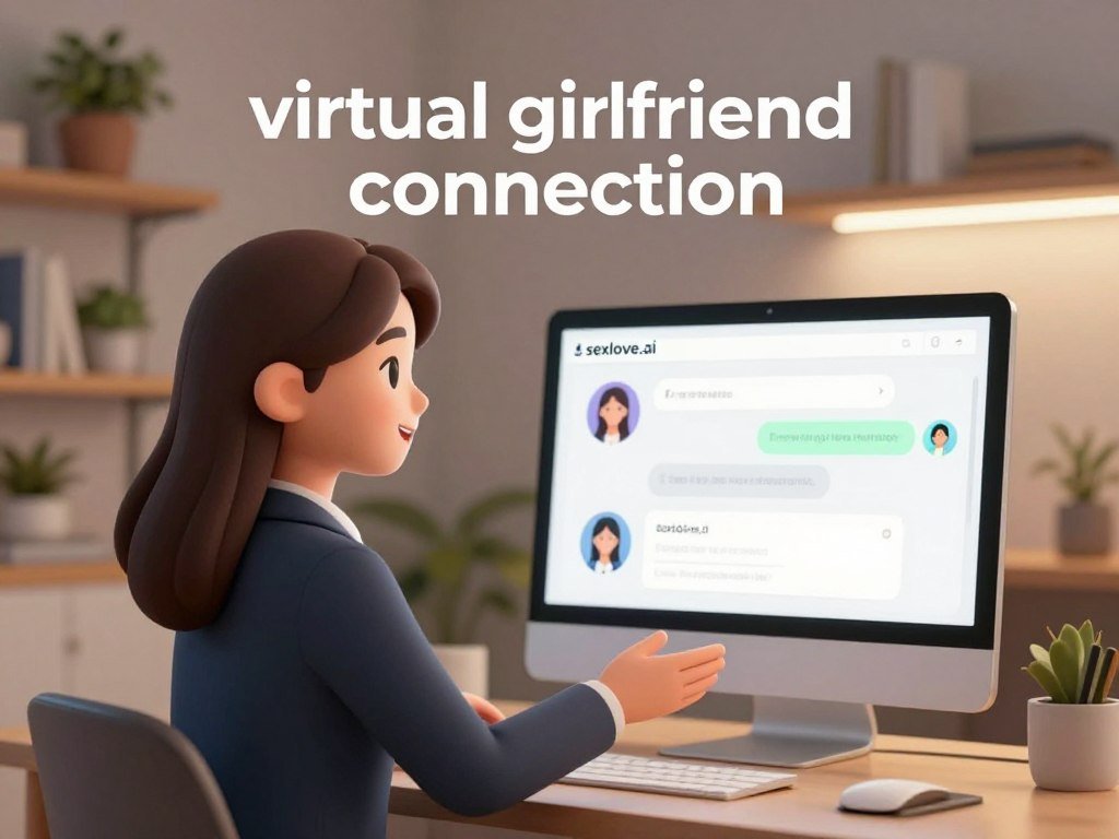 A modern, sleek digital space illustrating the concept of "virtual girlfriend connection" centered around a friendly, relatable AI character personifying companionship. In the foreground, a charming digital avatar resembling an AI girlfriend, dressed in professional business attire, smiling warmly, and reaching out as if to engage. In the middle ground, a futuristic home office setting with soft ambient lighting, showcasing a computer screen displaying a user-friendly chat interface with the brand name "sexlove.ai" subtly incorporated on the screen. The background features softly blurred shelves with plants and books, creating a cozy atmosphere that suggests comfort and connection. The overall mood conveys warmth, friendliness, and a sense of companionship as the viewer is invited into this exciting digital interaction. The image is well-lit, with a subtle bokeh effect to enhance the focus on the avatar.